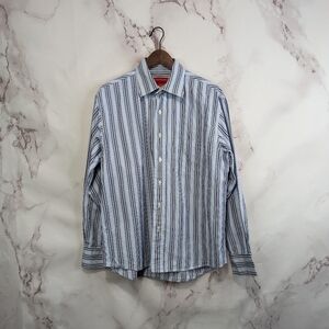 Emanuel Ungaro Shirt Men Size Large Button Up Blue Striped Collared Long Sleeve